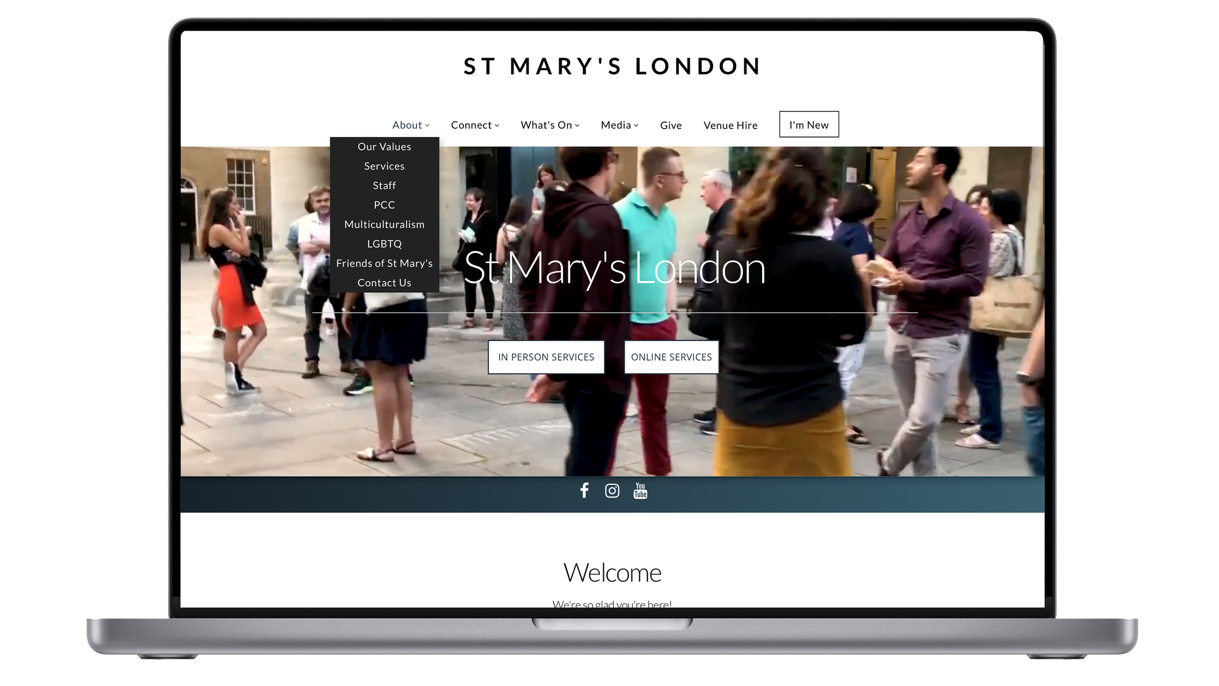 A screenshot of the St Mary’s London website showing people gathered outside, with menu options and social media icons on display.