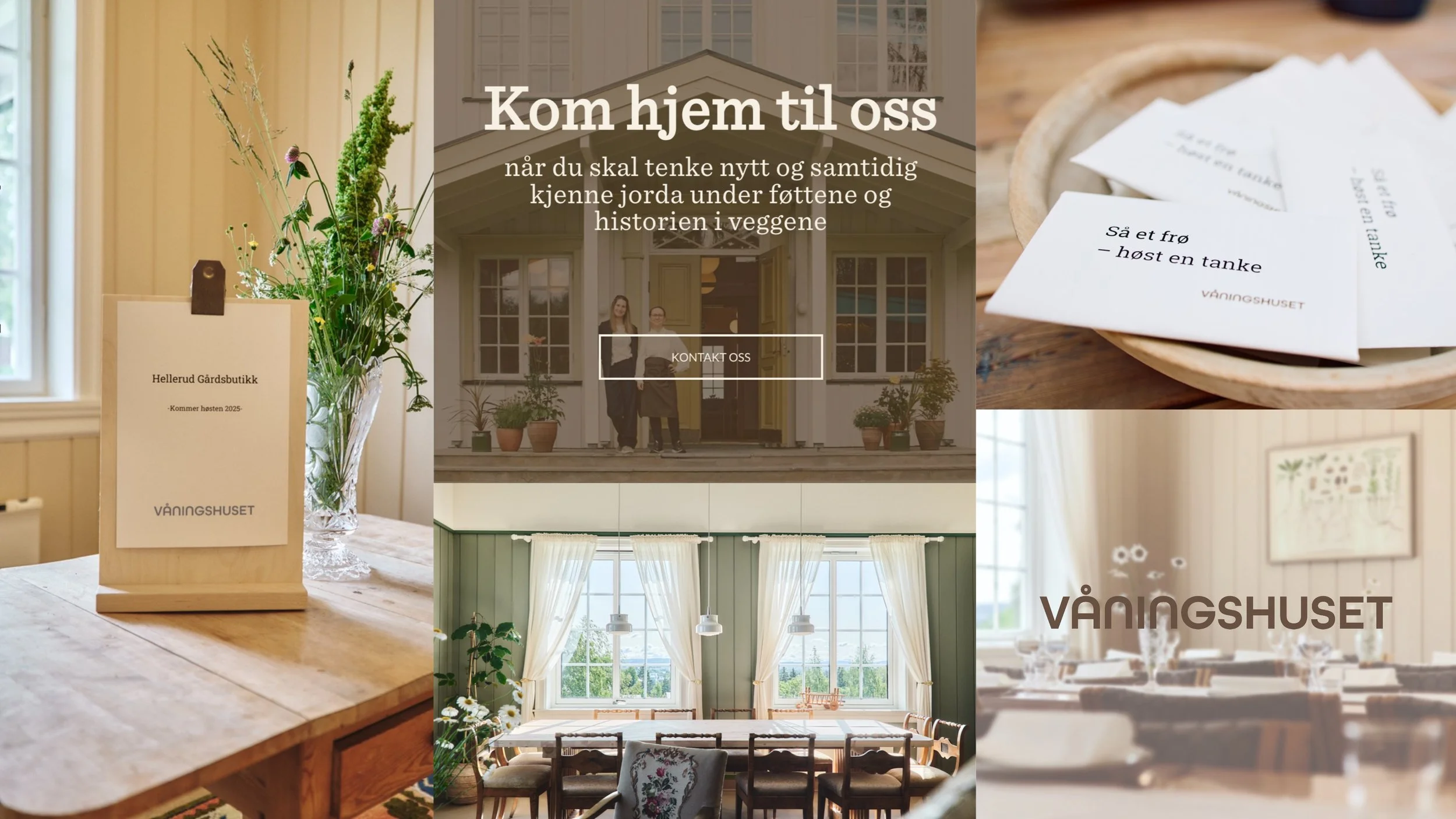 Image of a nice indoor restaurant with large windows, white curtains and a long table setting, advertisement for Våningshuset with text about coming home."