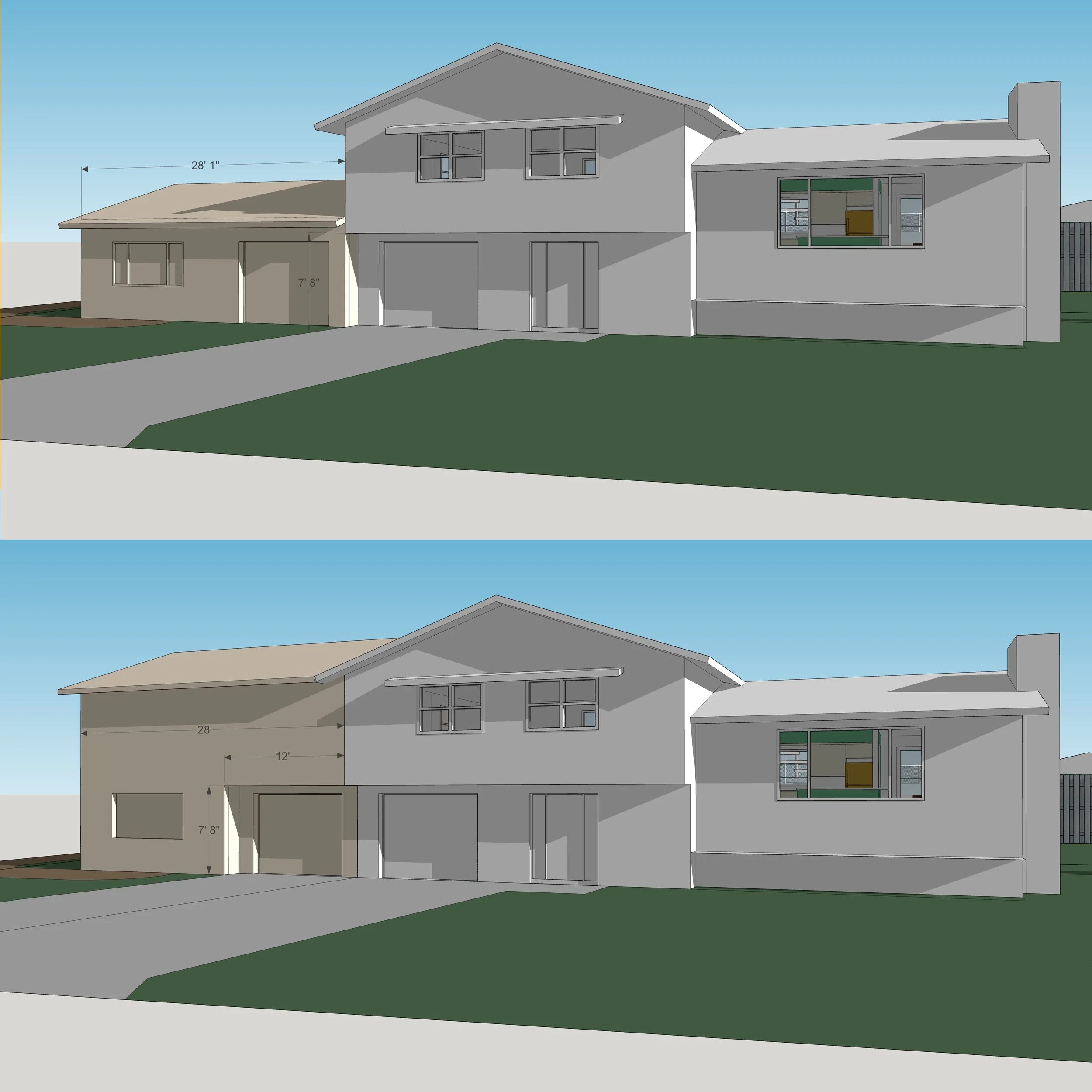 This quick and cost-effective 3D model was created for a homeowner to communicate ideas to a contractor. Simple models like this offer homeowners the ability to affordably visualize location, scale, aesthetic options and sun angles.