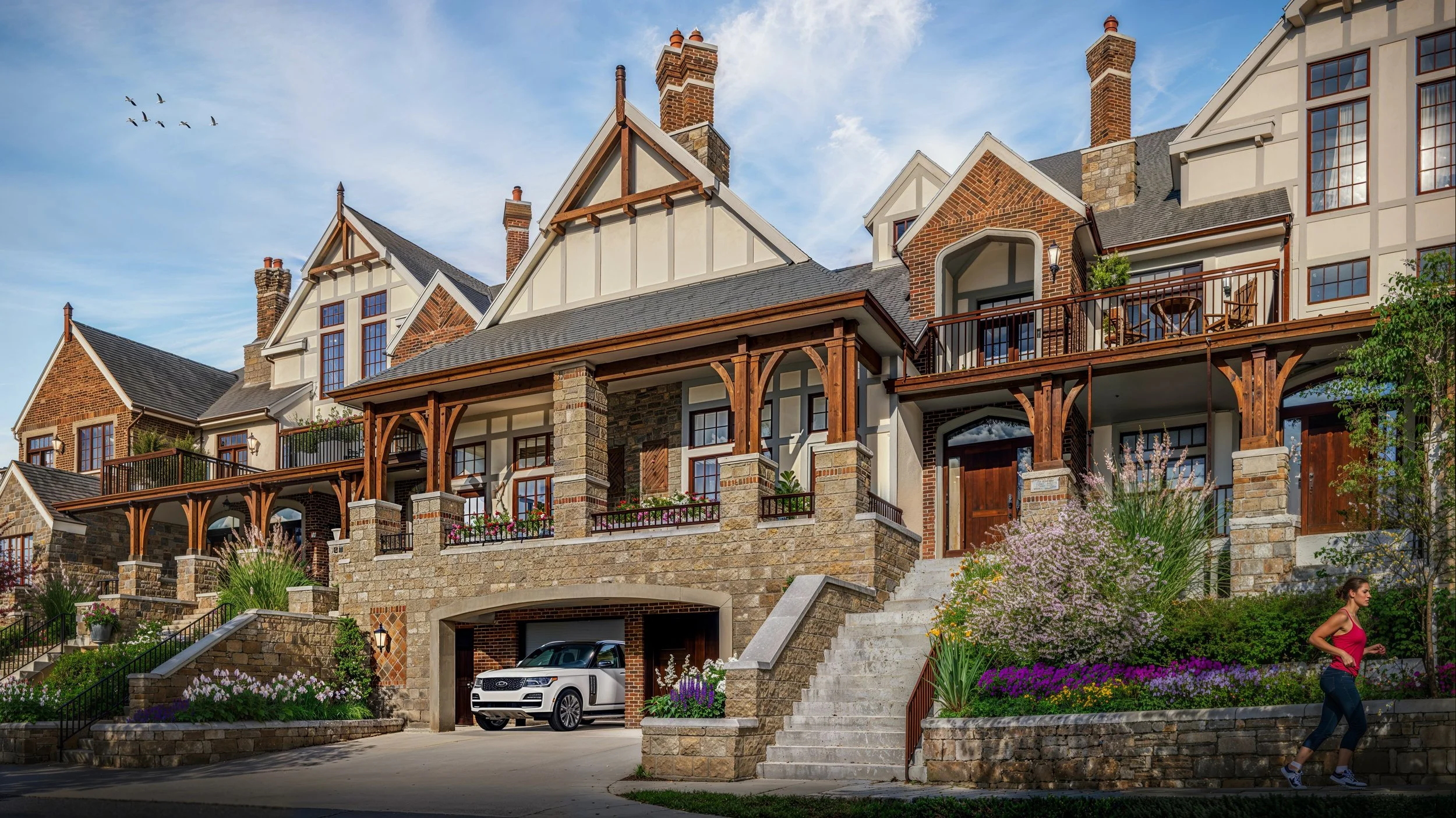 ArchiPixure worked with Slaggie Architects, Inc out of Kansas City, MO to create a series of high-end exterior townhome renderings, showcasing a luxurious mix of stone, wood, and brick materials, multiple levels, and unique, stunning landscaping.