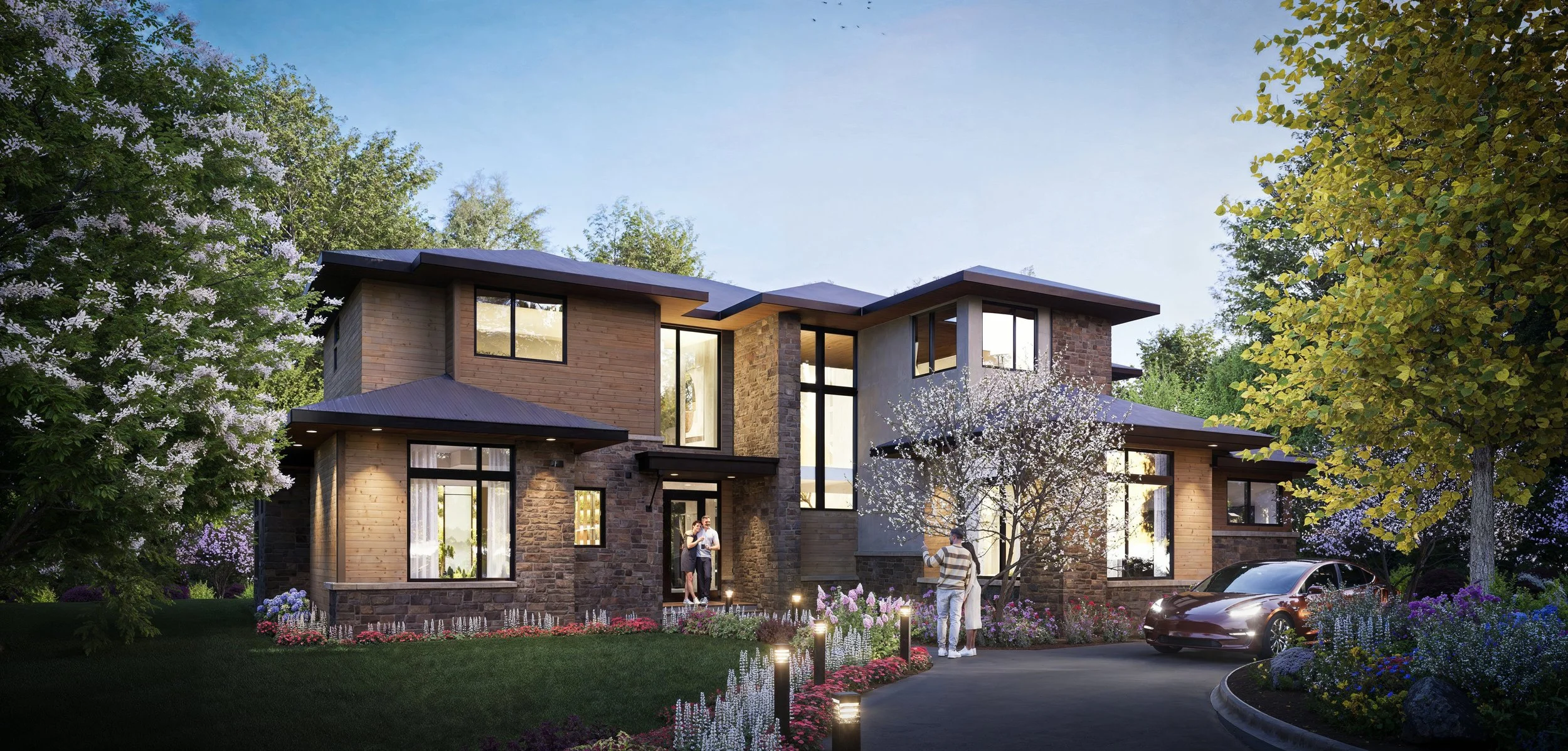 In conjunction with Robert Torson Architects, ArchiPixure modeled this bold modern residence. The rendering features a multiple materials including split-face stone, lap siding, and stucco with lush landscaping, in a relaxed evening setting.