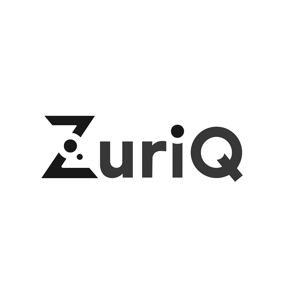 Logo with the word 'ZuriQ' and a stylized 'Z' in black on a white circular background.