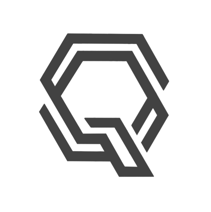 Black and white logo with a stylized letter Q formed by interconnected lines, surrounded by a circular white background.
