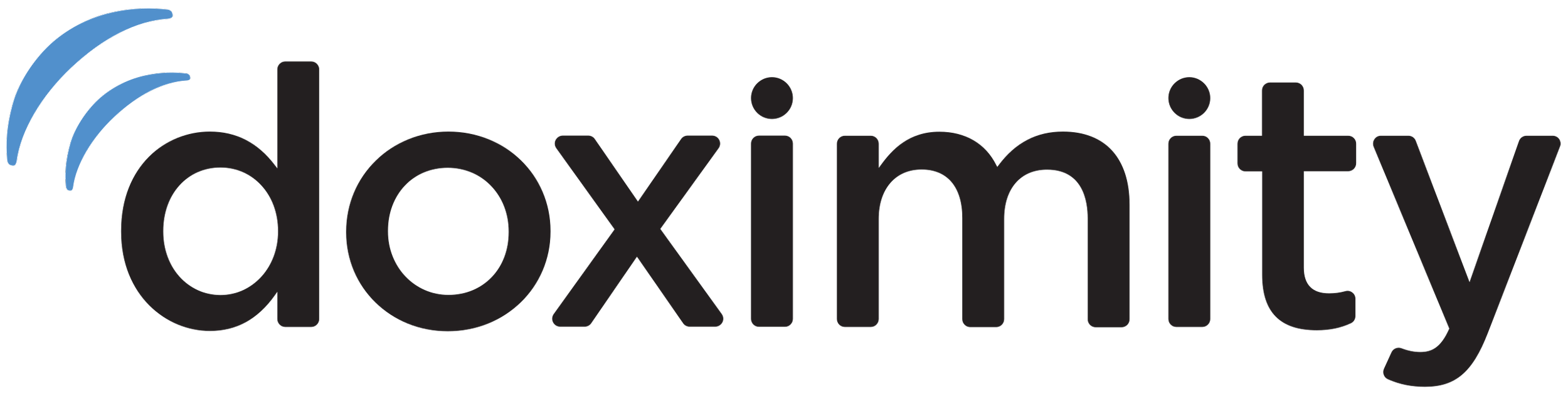 The Doximity logo with black text and three blue curved lines above the 'd'.