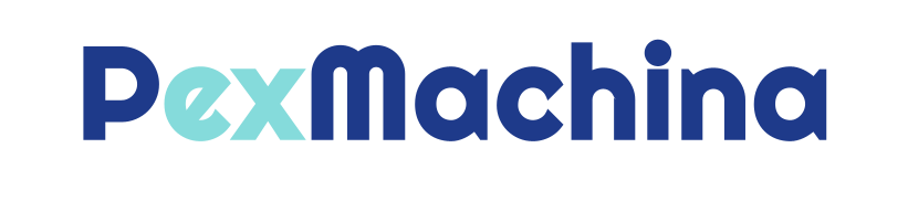 PexMaching logo with pex in light teal and machina in dark blue.