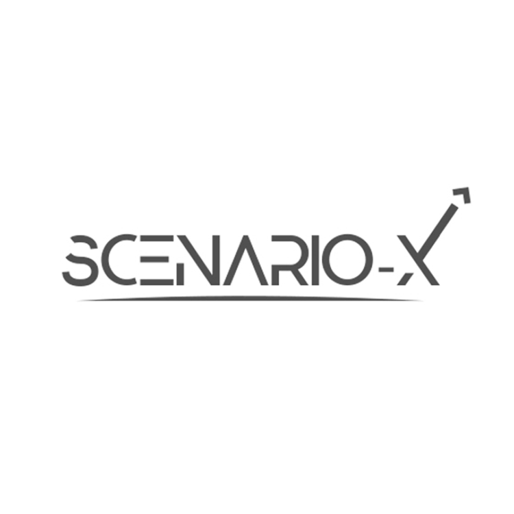 Black text on white background states 'SCENARIO-X' with an arrow pointing upwards next to the letter 'X'.
