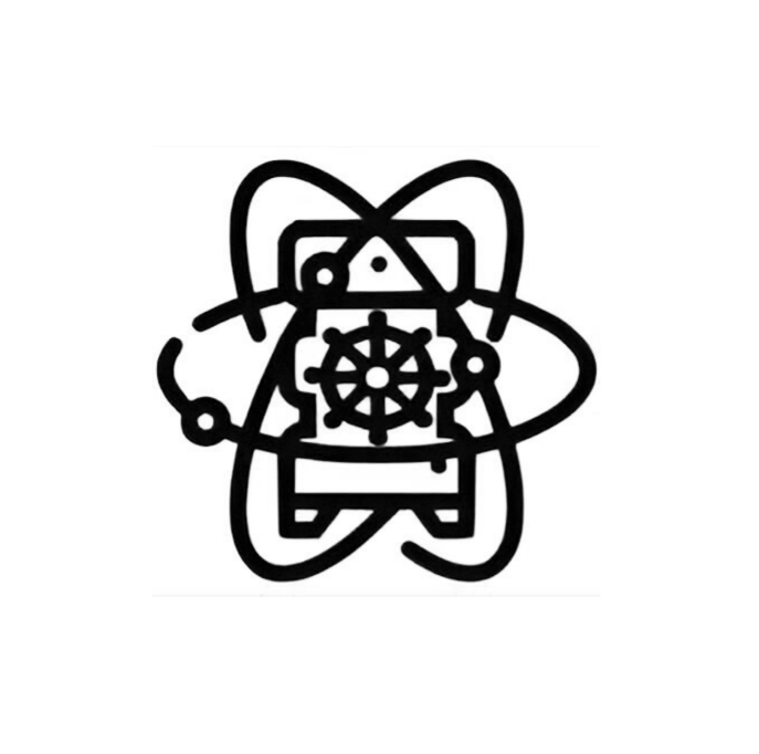 Line drawing of a robot with an atom symbol surrounding its head and a ship wheel in its chest.