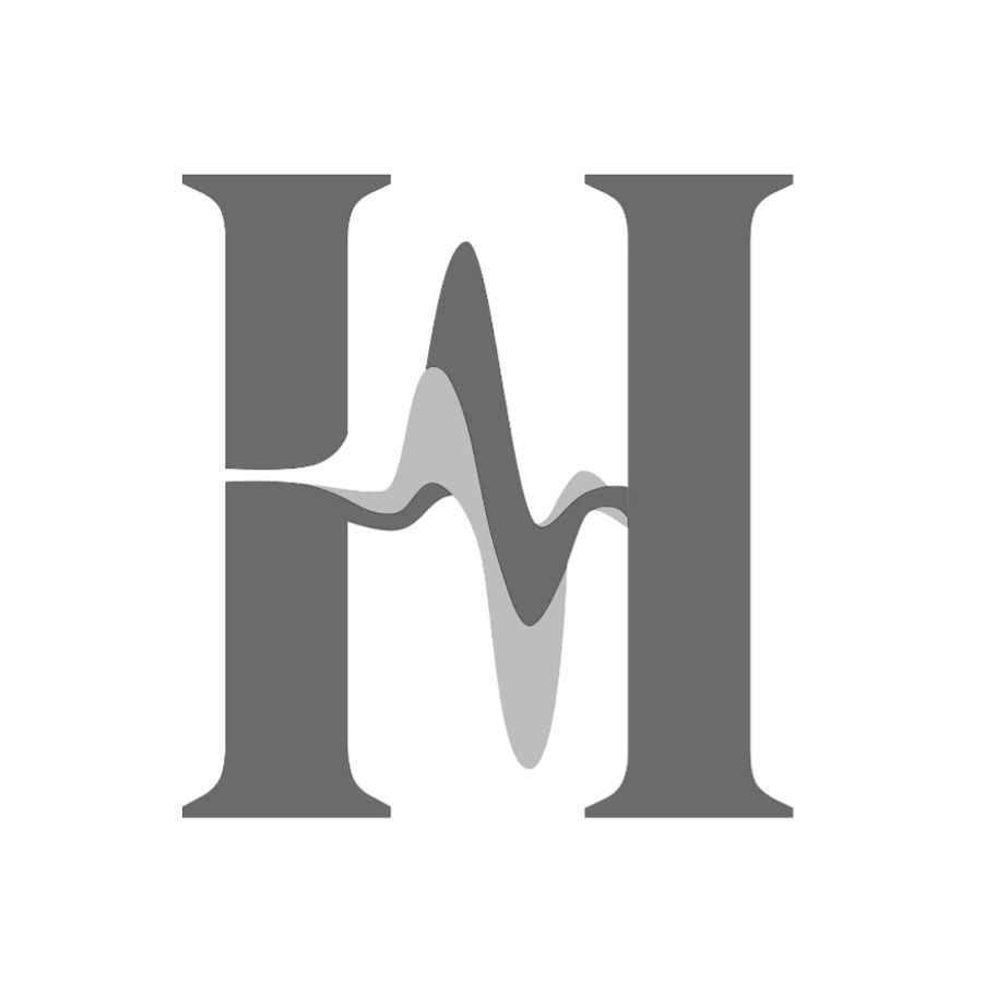 A gray letter H with a heartbeat line running through the middle on a white circular background.