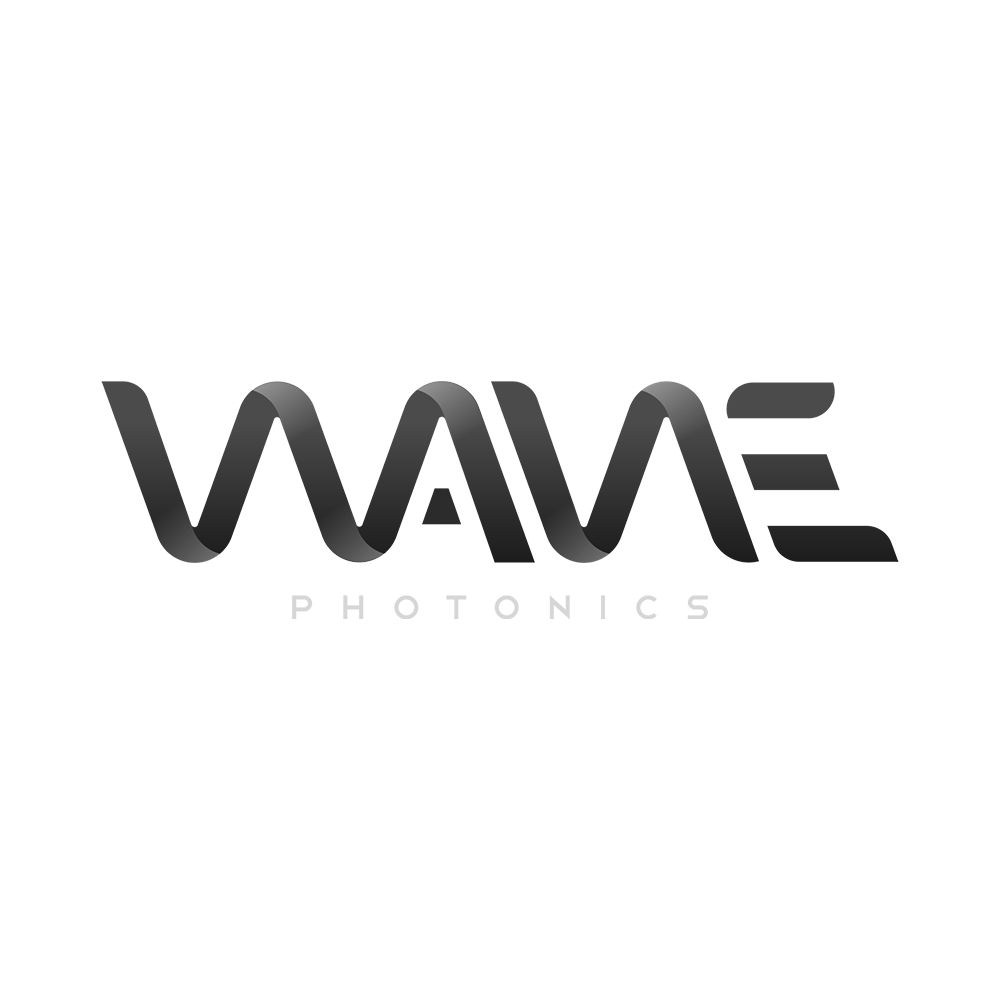 Wave Photonics logo in black on a white background with a curved black shape in the top left corner.