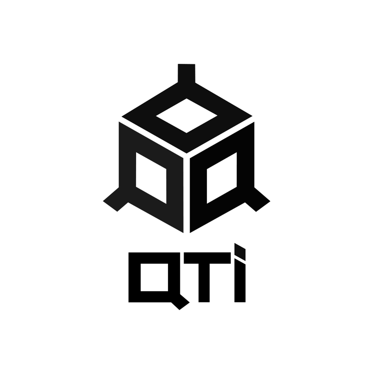 Black and white logo featuring a cube with open sides above the text 'QTI'.