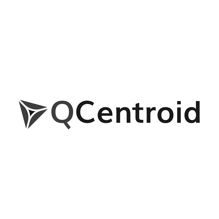 Qcentrid logo in black and white with a geometric icon and text.