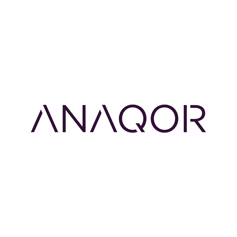 Black background with a white circle in the center. The text 'ANAQOR' is written in the middle in purple, stylized font.