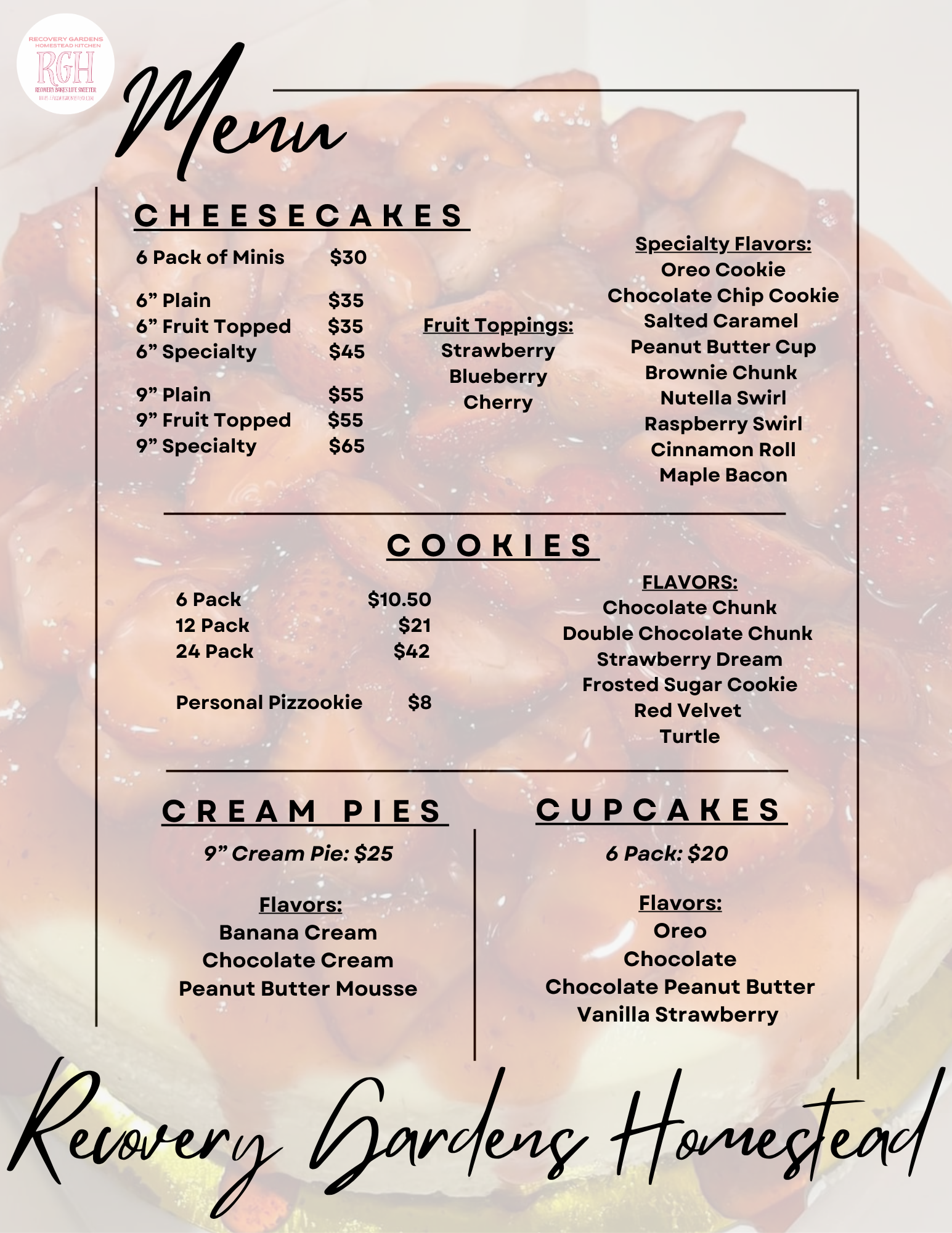 Recovery Gardens Homestead Kitchen Holiday Menu