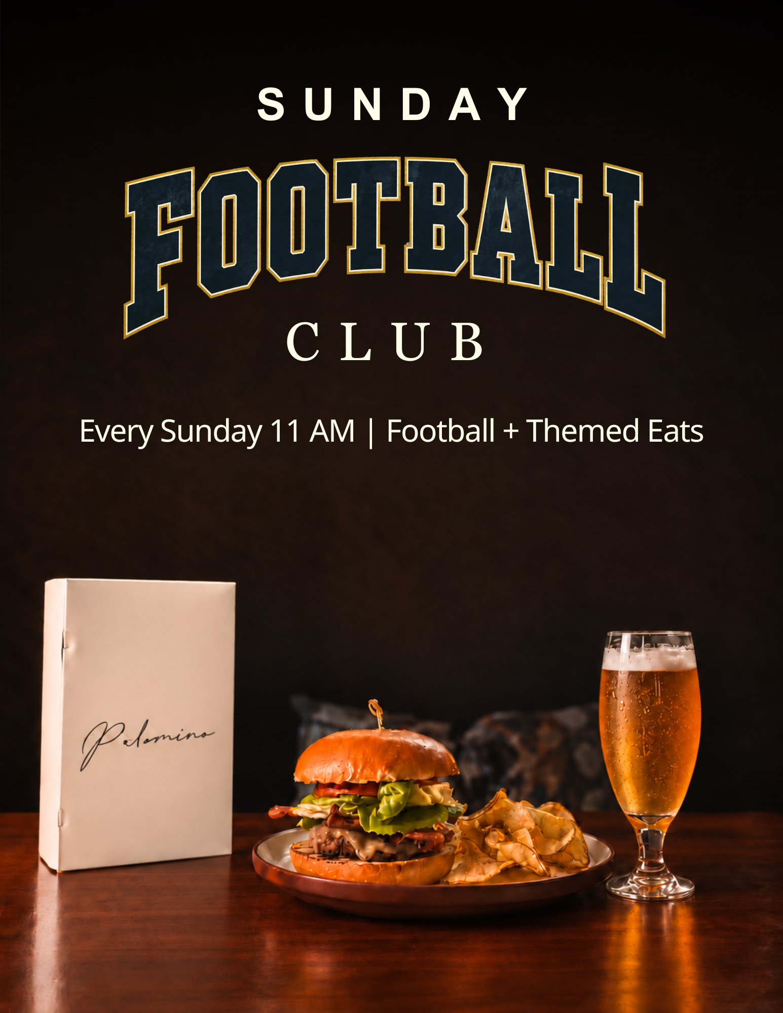 Sunday Football Club promotional poster featuring a burger, chips, and beer; football and themed eats every Sunday at 11 AM.