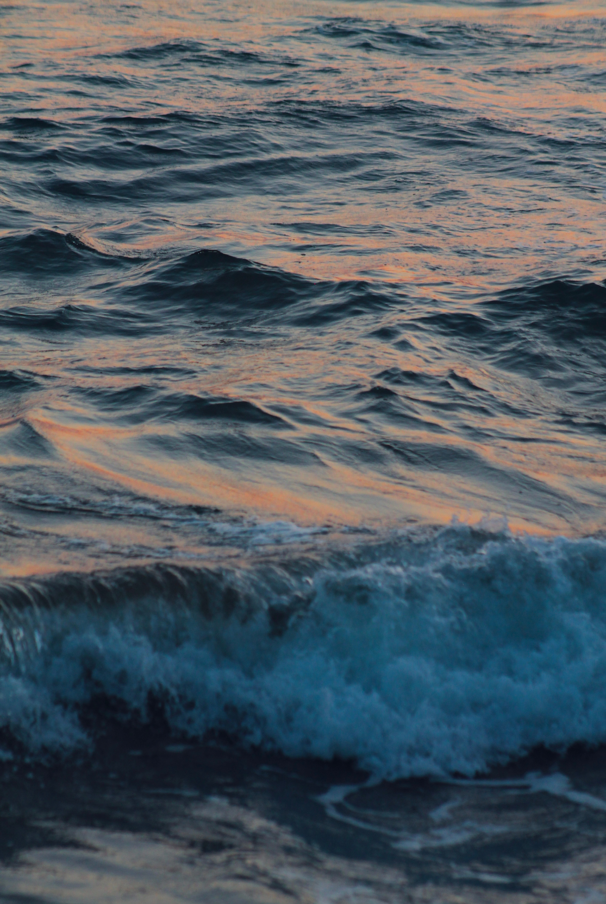 Meer tiefblau mit Wellen, von der Abendsonne beschienen.