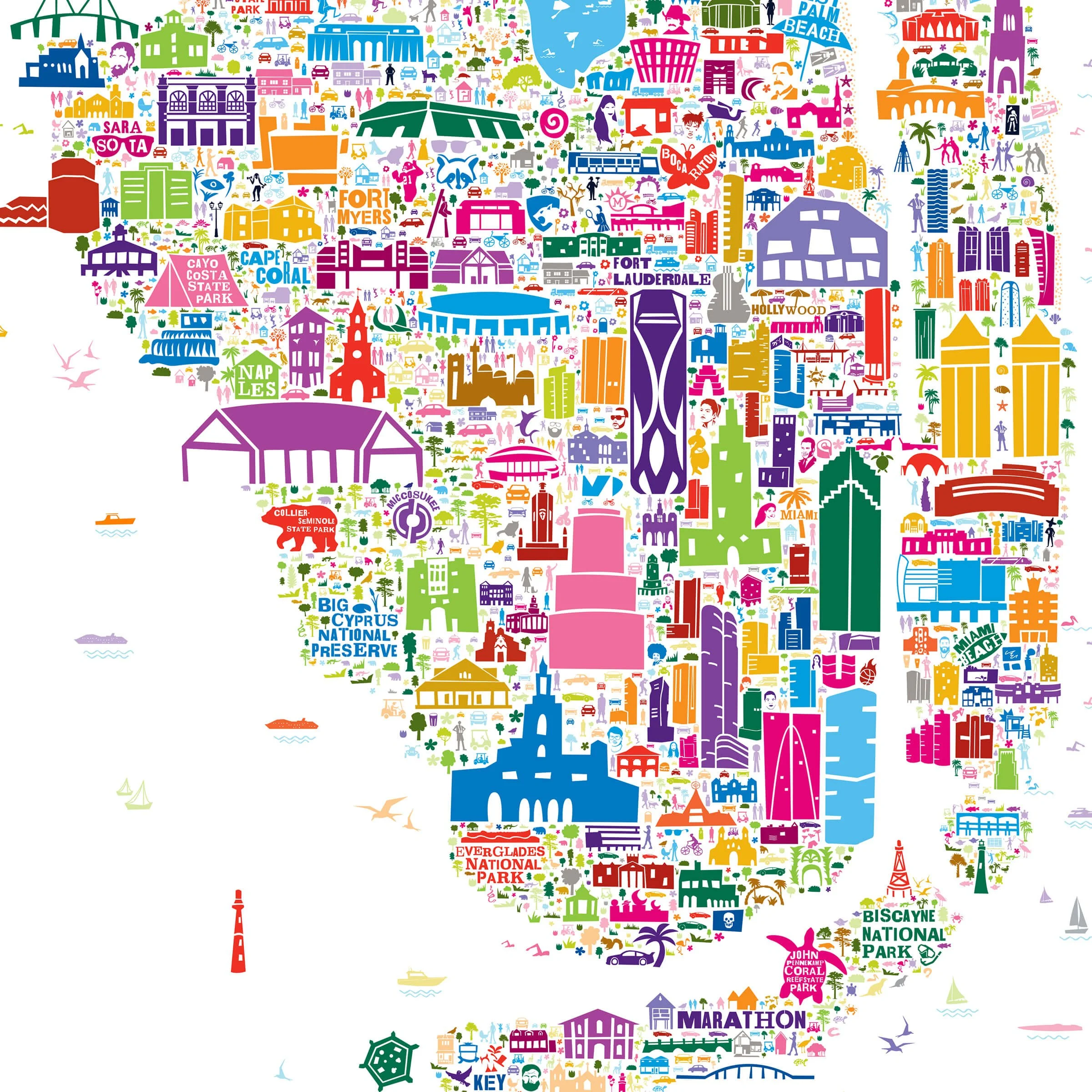 A detail from the southern half of the map, where cities, landmarks, and everyday scenes begin to form a visual mosaic.
