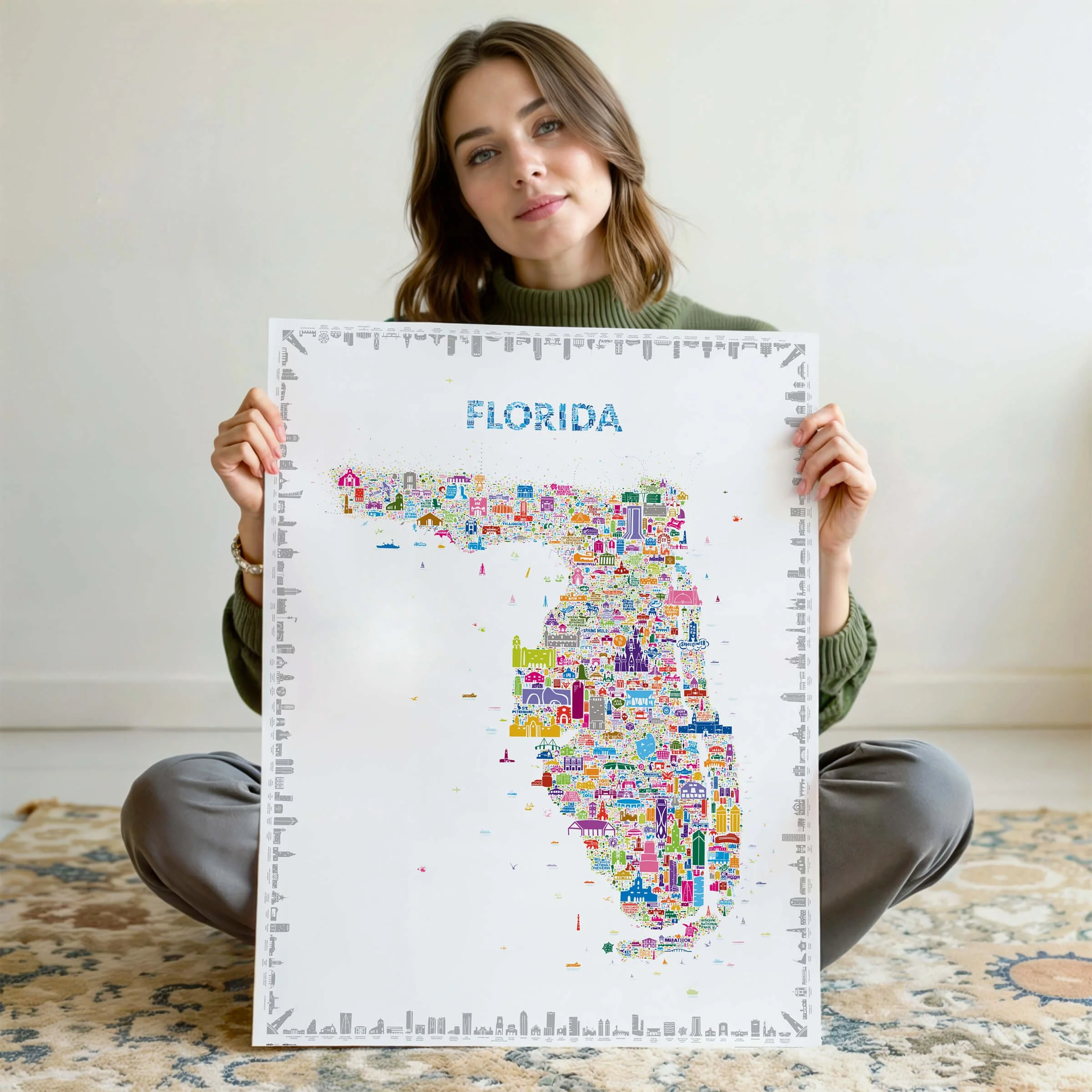 A full view of the Iconic Florida Poster held by hand, bringing scale, clarity, and a more personal way of seeing the map.
