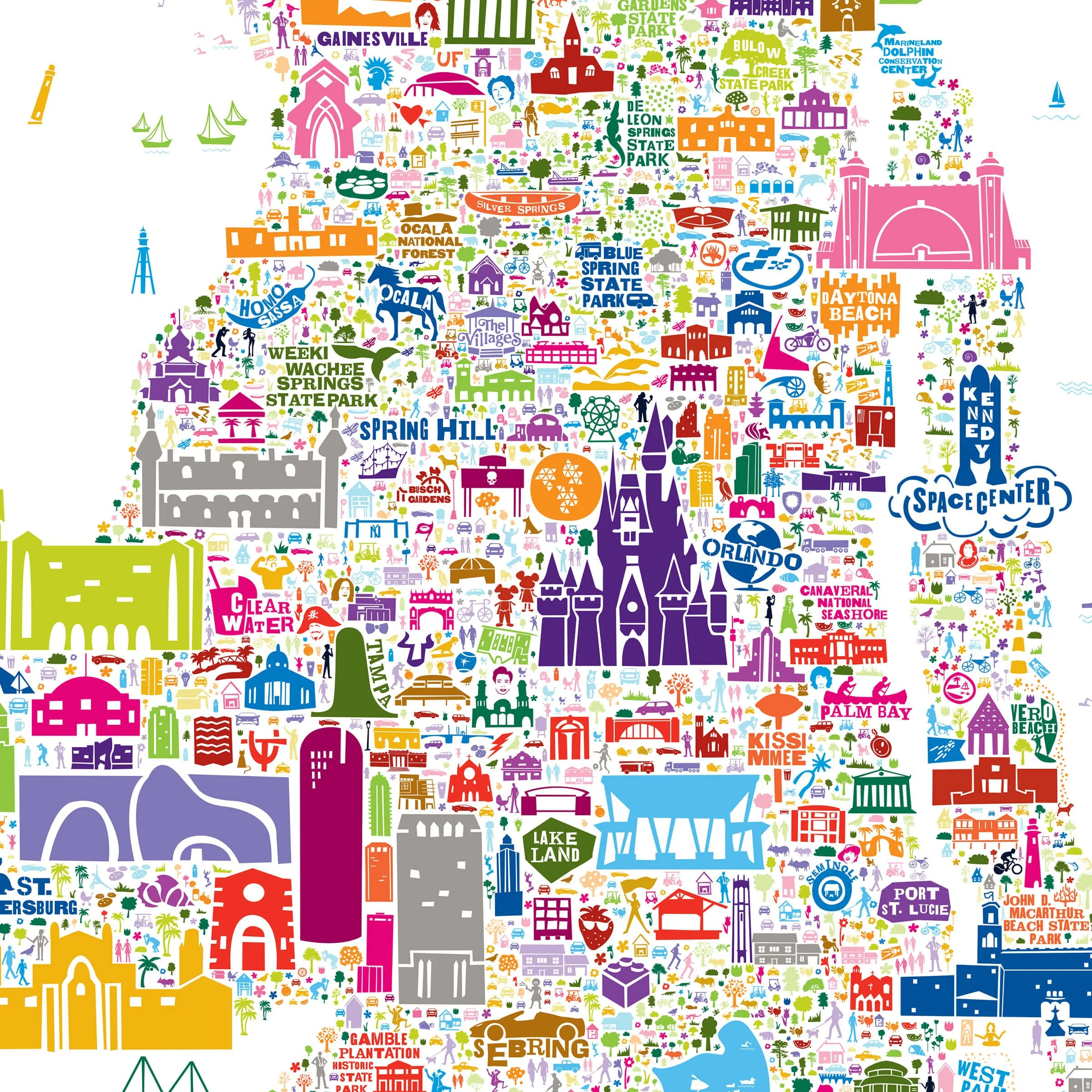 A close look at Central Florida, where Orlando, Clearwater, and the Space Coast gather into a dense field of icons.