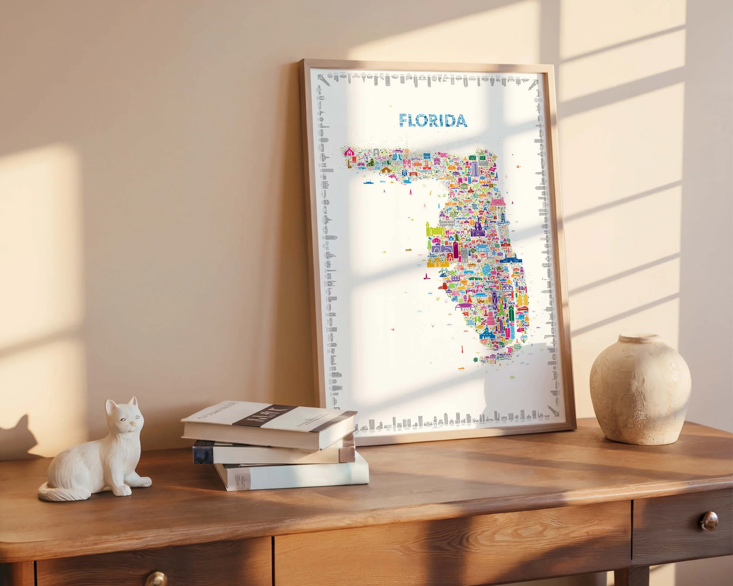 In natural light, the poster feels less like décor and more like a visual archive of the state.
