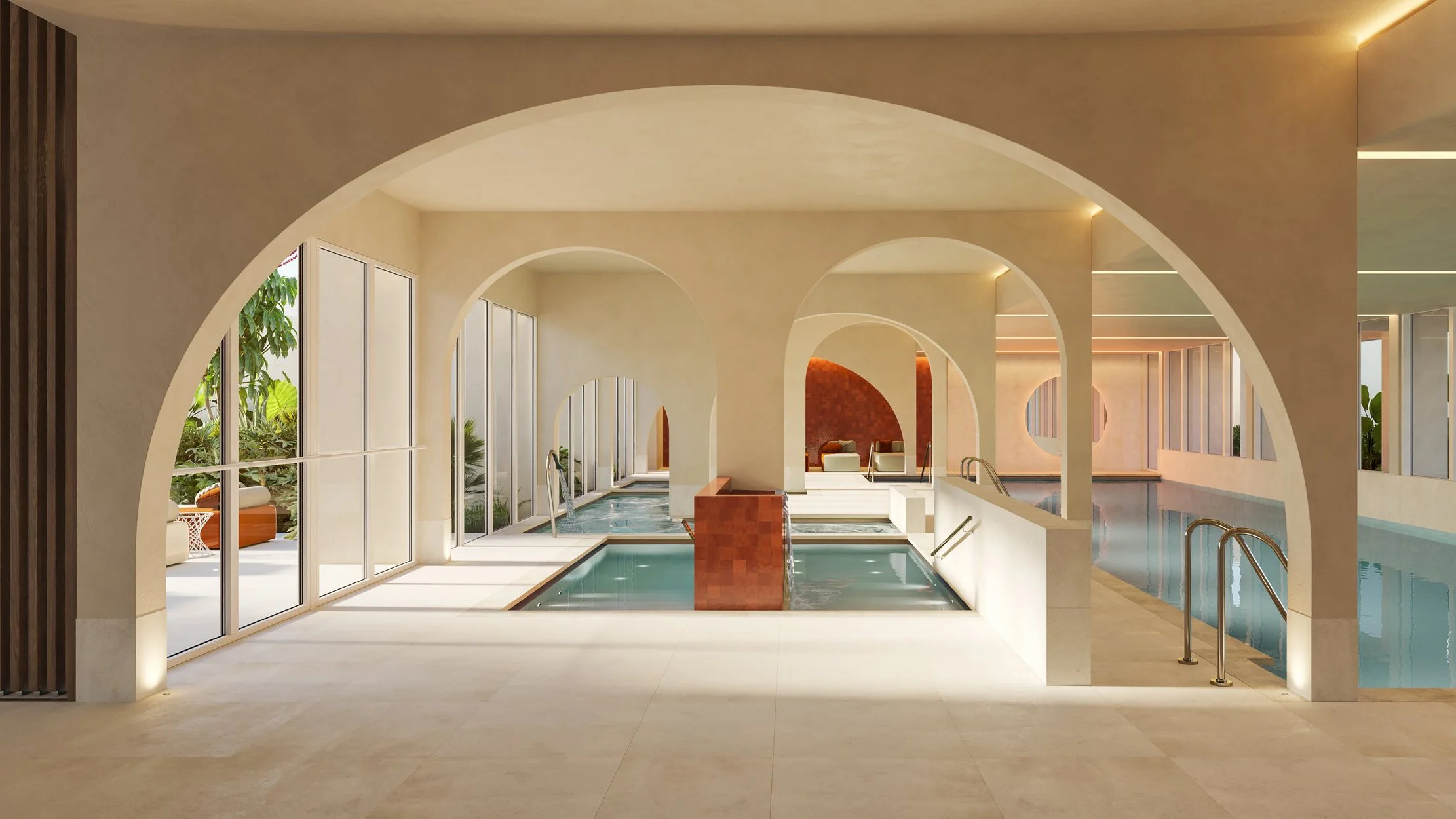 Indoor swimming pool area with arches, large glass windows, and lounge chairs visible outside, featuring modern decor and natural light.