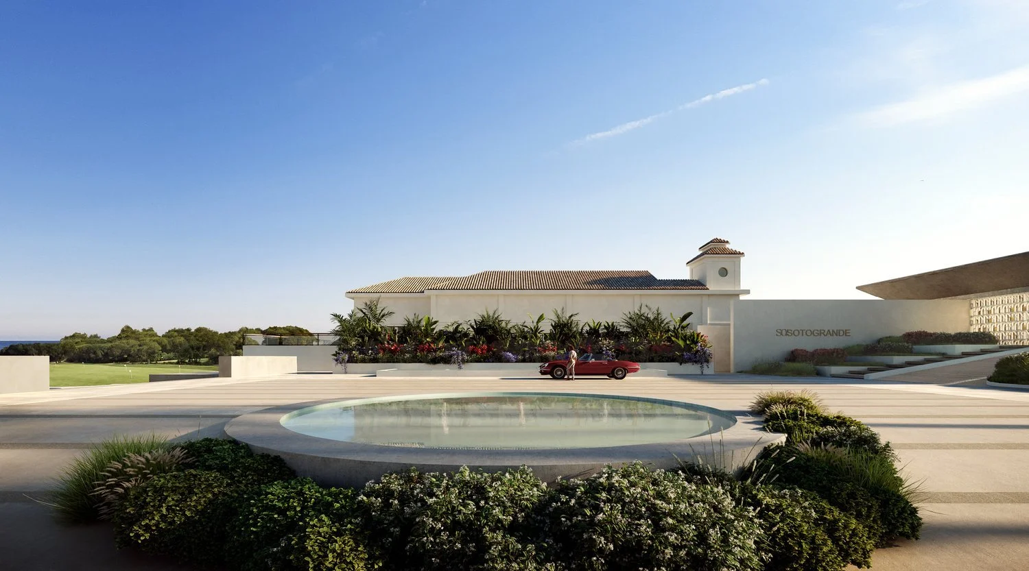 Elegant outdoor scene with a circular reflecting pool in the foreground, a well-maintained garden with plants and bushes surrounding the pool, and a white building with a tiled roof and a tower-like structure in the background. There is a person near a red classic car parked in front of the building, and a clear blue sky overhead.
