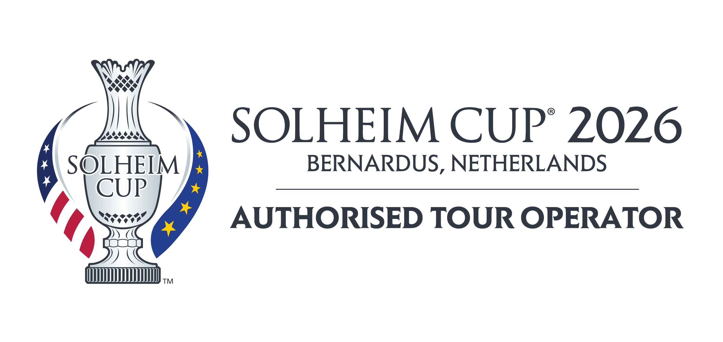 A badge for Solheim Cup 2026 in Bernardus, Netherlands with a trophy illustration and American and European flags, indicating authorized tour operator.