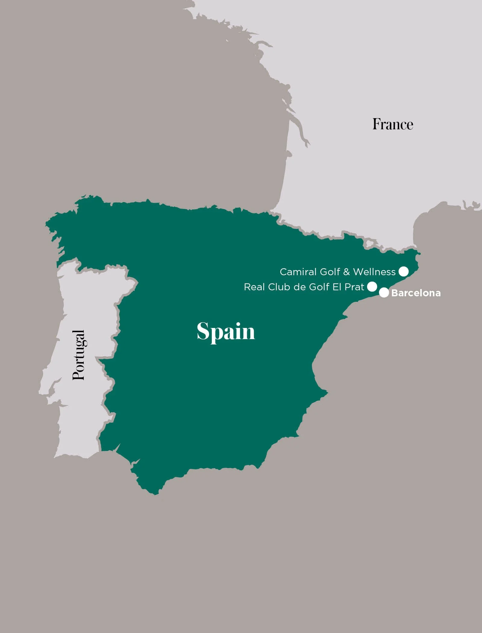 Map of Spain highlighting golf courses near Barcelona, including Camiral Golf & Wellness, Real Club de Golf El Prat, and Barcelona.