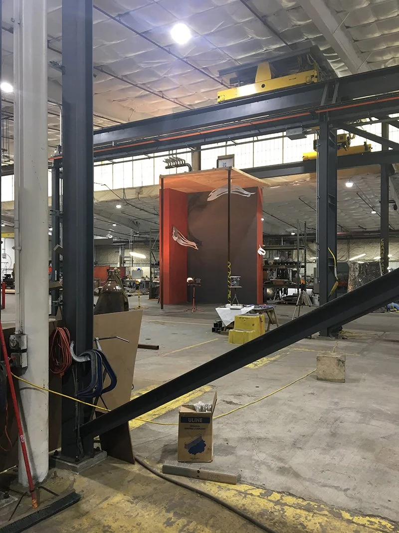 The first couple pieces are up in the life sized mockup of the MGM Springfield space at Polich Tallix!