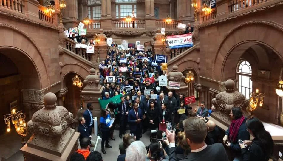 Photo of activists and electeds on the Million Dollar Staircase in the Capitol Building in Albany, NY