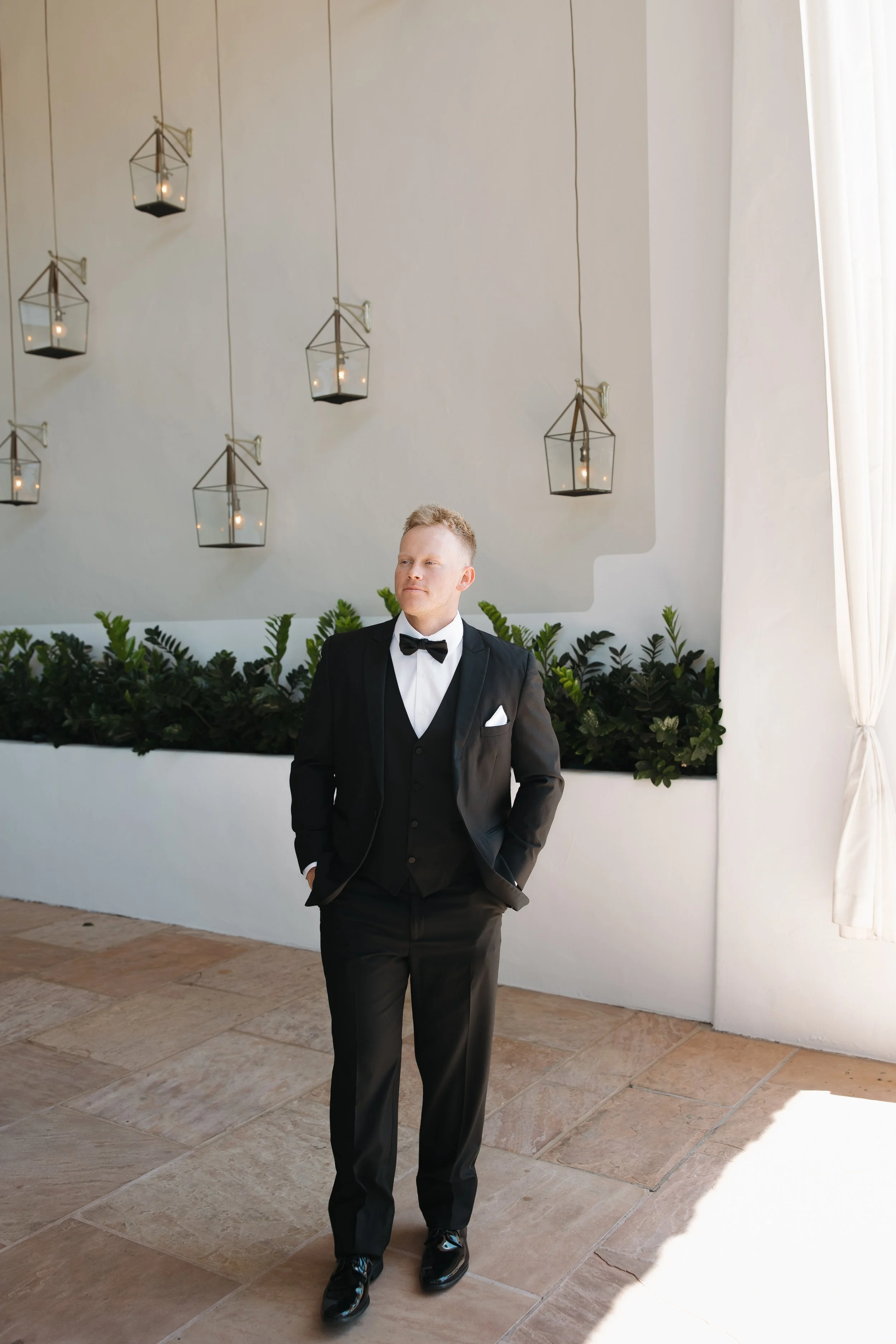 Portrait of groom before wedding ceremony at The Scott Resort & Spa in Scottsdale