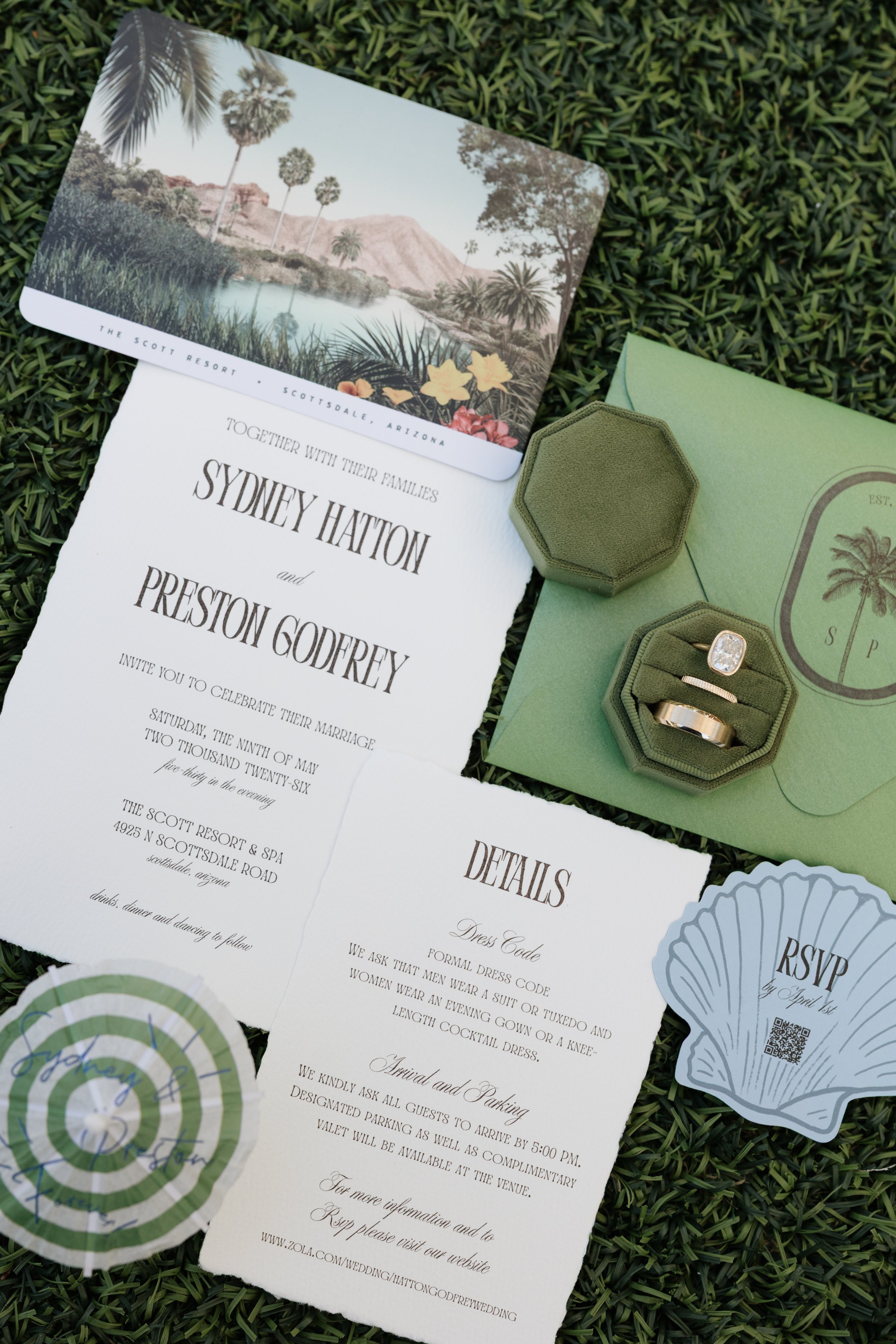 Wedding day details including invitation suite, rings, and accessories at The Scott Resort & Spa wedding in Scottsdale, Arizona