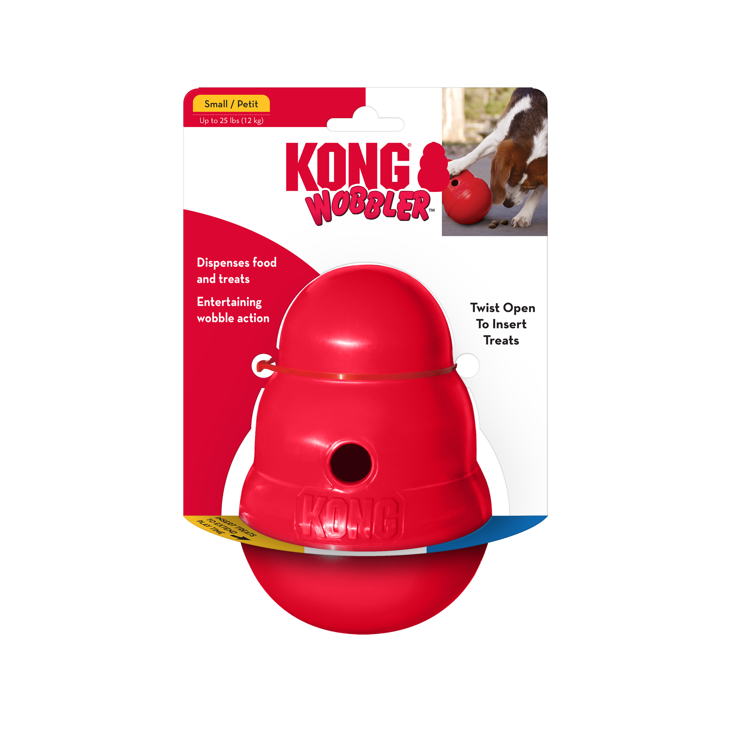 The KONG Wobbler™ 

A food dispensing toy built to last. It has a weighted base and treats fall out as your dog pushes it around with their nose or paws.  
Unscrews for easy filling and cleaning. 
