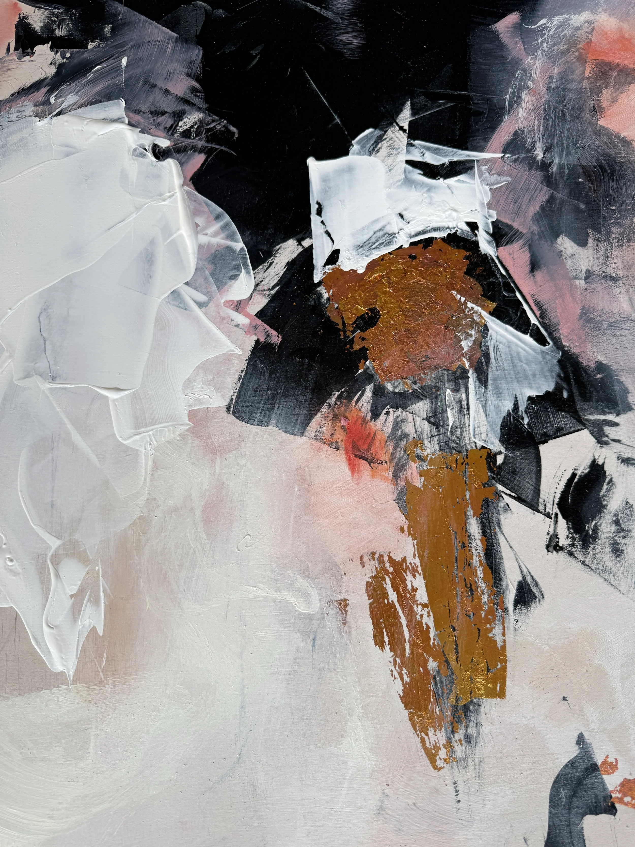 Abstract painting with bold black, white, and brown brushstrokes and textures.