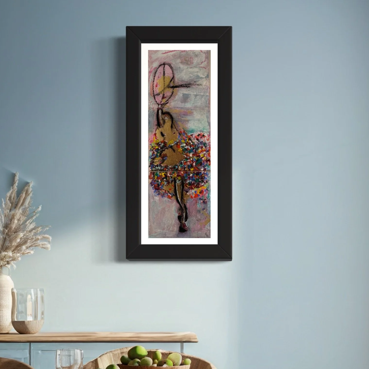 Framed abstract painting of a ballerina with a pink umbrella on a blue wall.