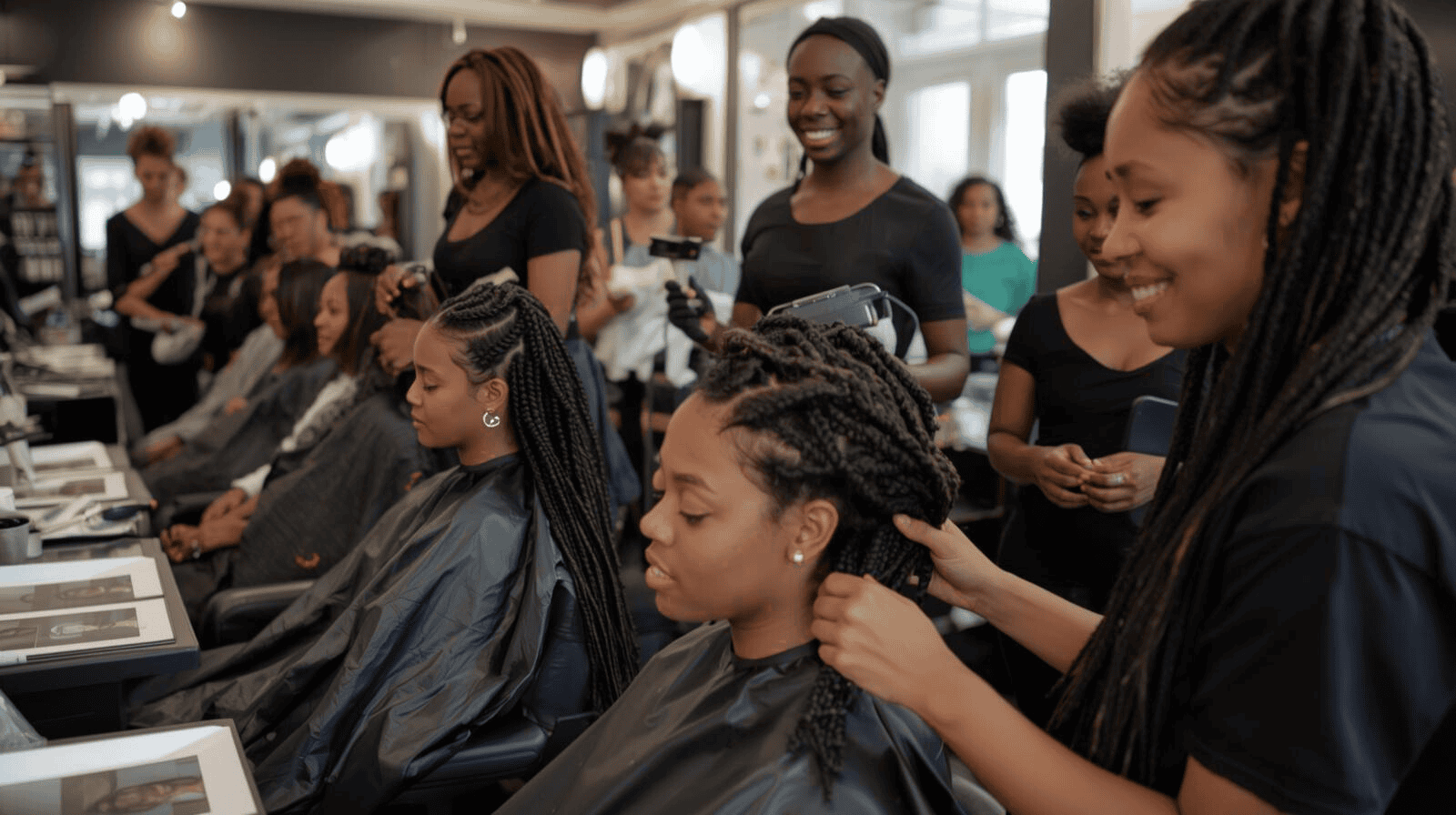 img- 0f-ladies-in-a-salon-seated-in-rows-with-hairdressers-standing-behind-them-touching-their-hair
