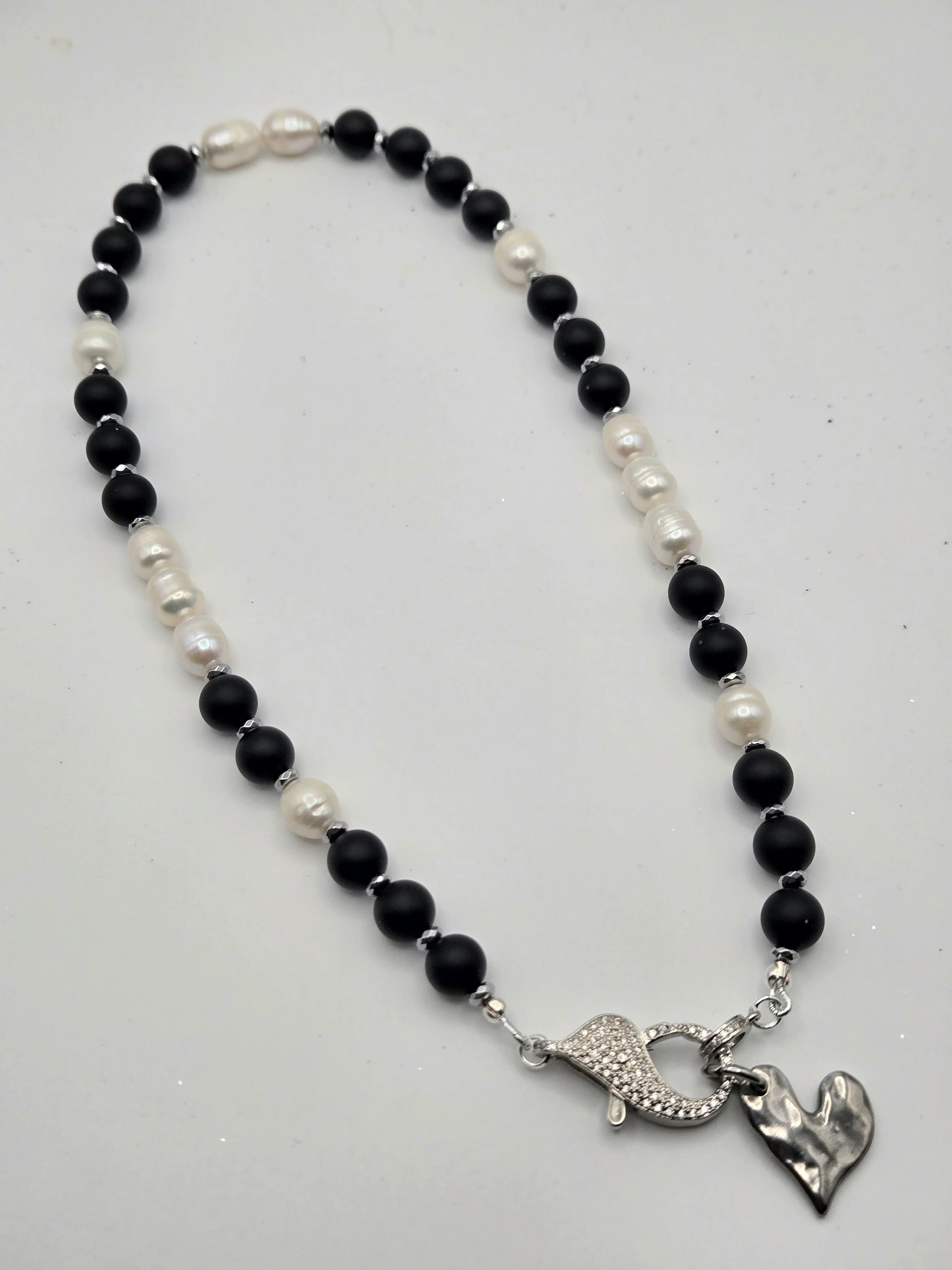 Strength & Softness Necklace - Freshwater Pearls, Matte Black Onyx & Hematite