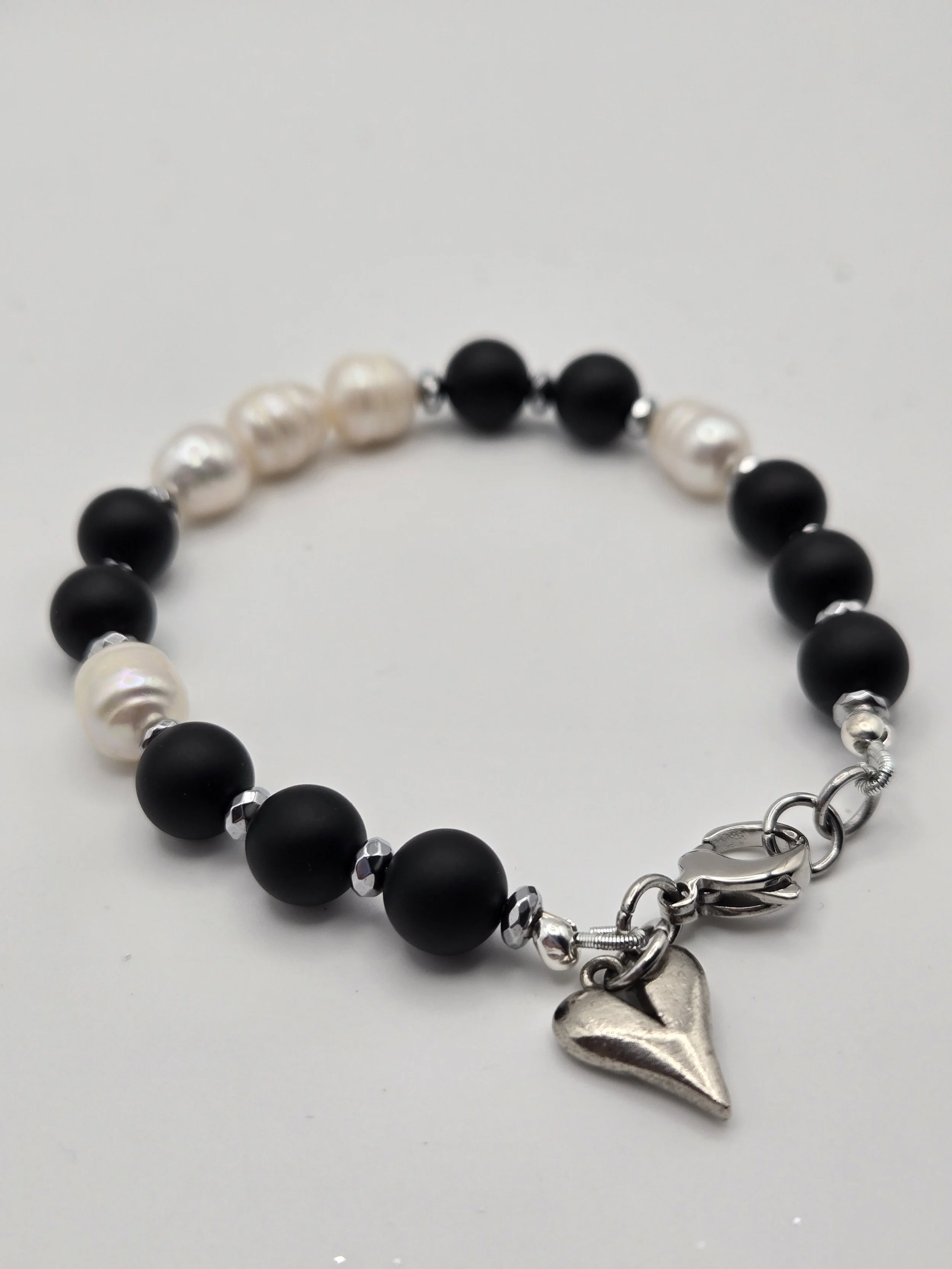 Strength & Softness Bracelet  - Freshwater Pearls, Matte Black Onyx & Hematite