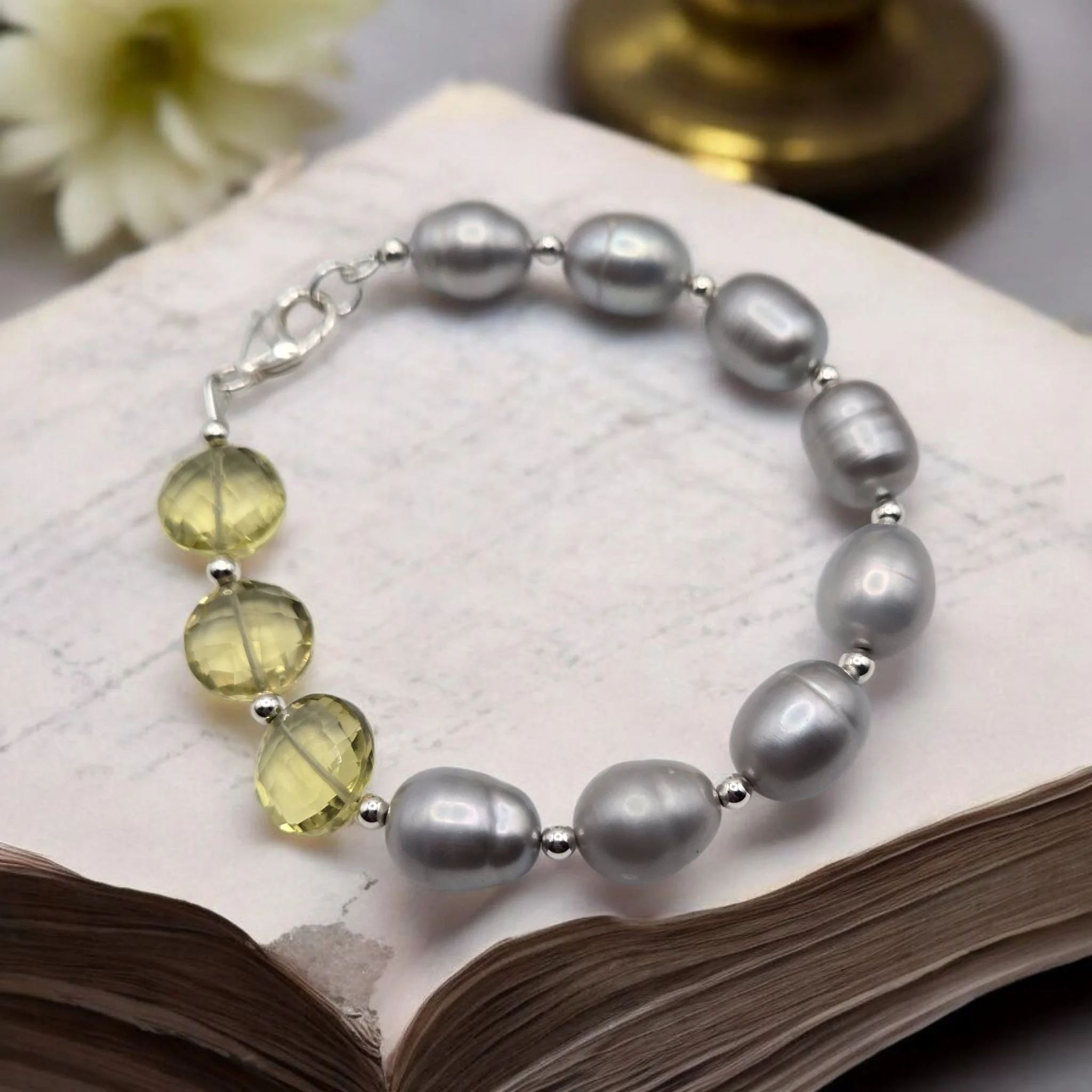Golden Glow Bracelet — Silvery Pearls & Lemon Quartz