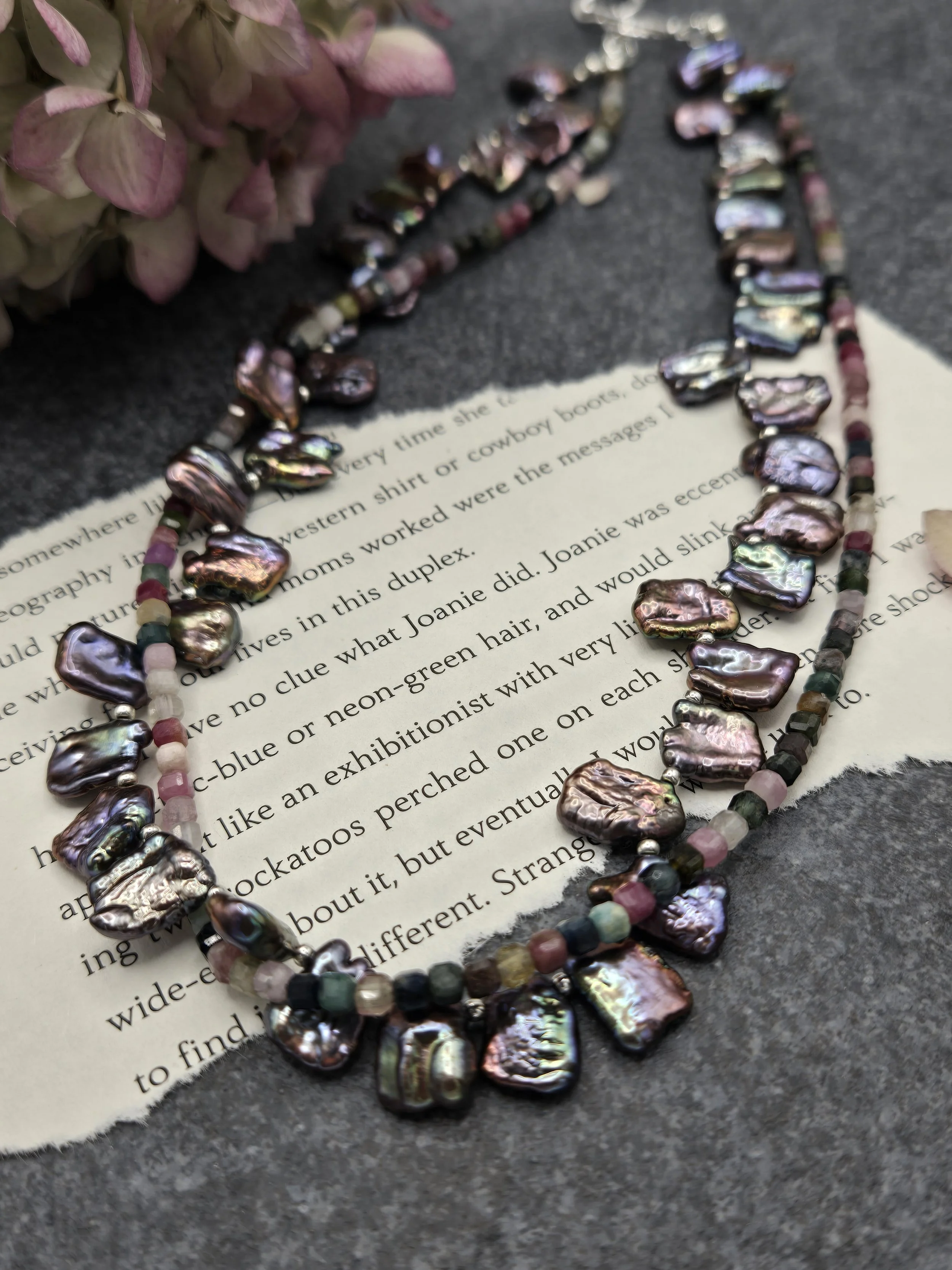 Harmonic Light Necklace — Peacock Freshwater Pearl & Watermelon Tourmaline