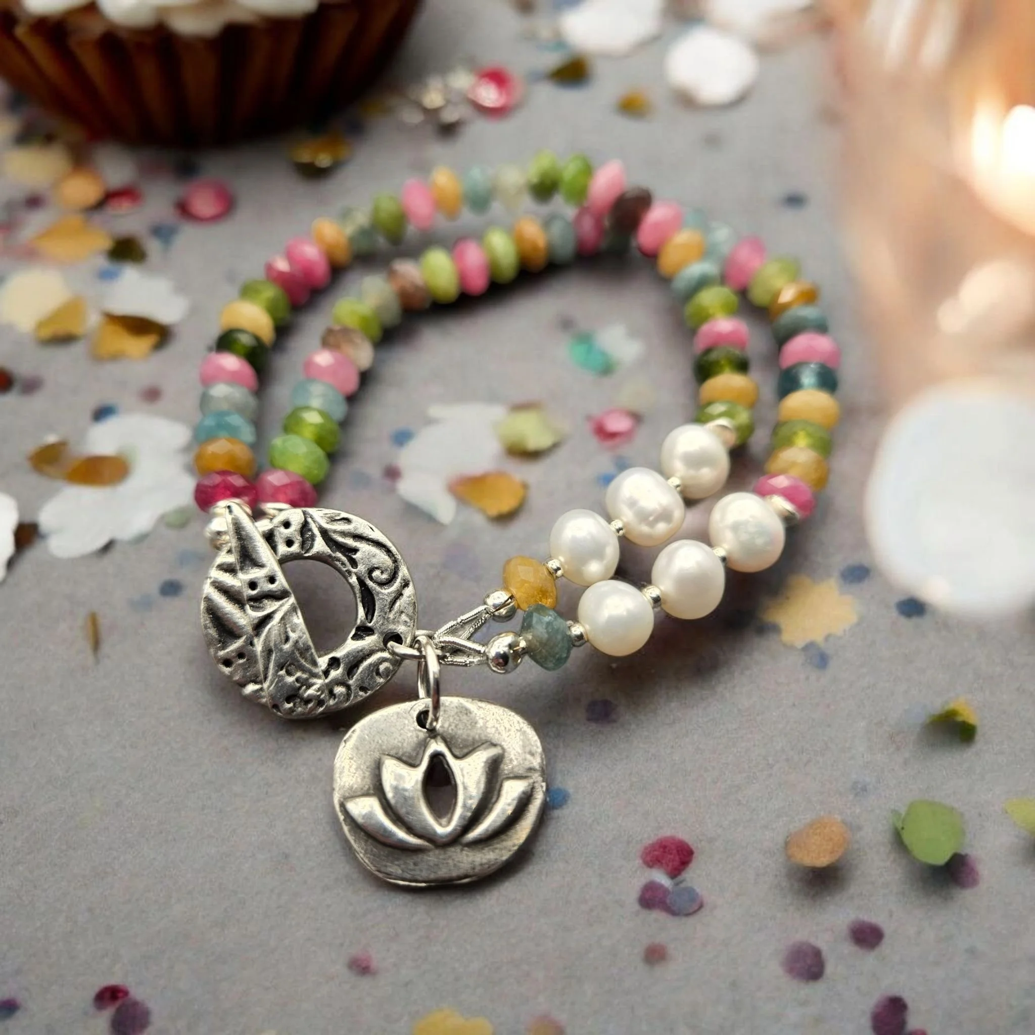 Lotus Bloom Bracelet — Candy Jade, Freshwater Pearl & Pewter Charm