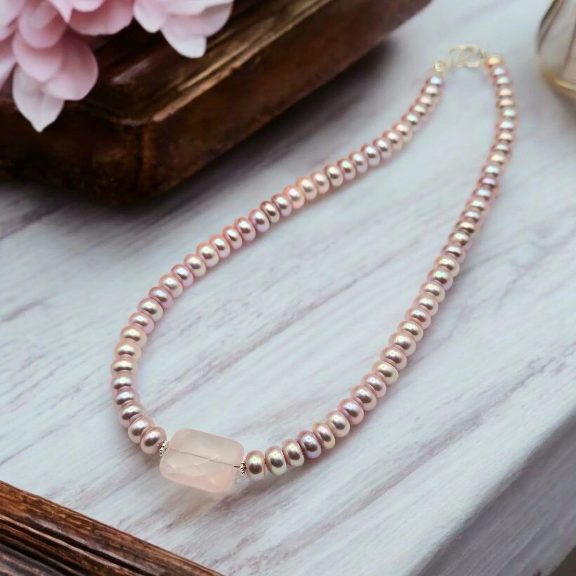 Rose Quartz Glow Necklace — Freshwater Pearl & Sterling Silver