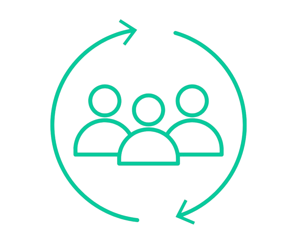 Icon of three people surrounded by a circular arrow, representing teamwork or collaboration.