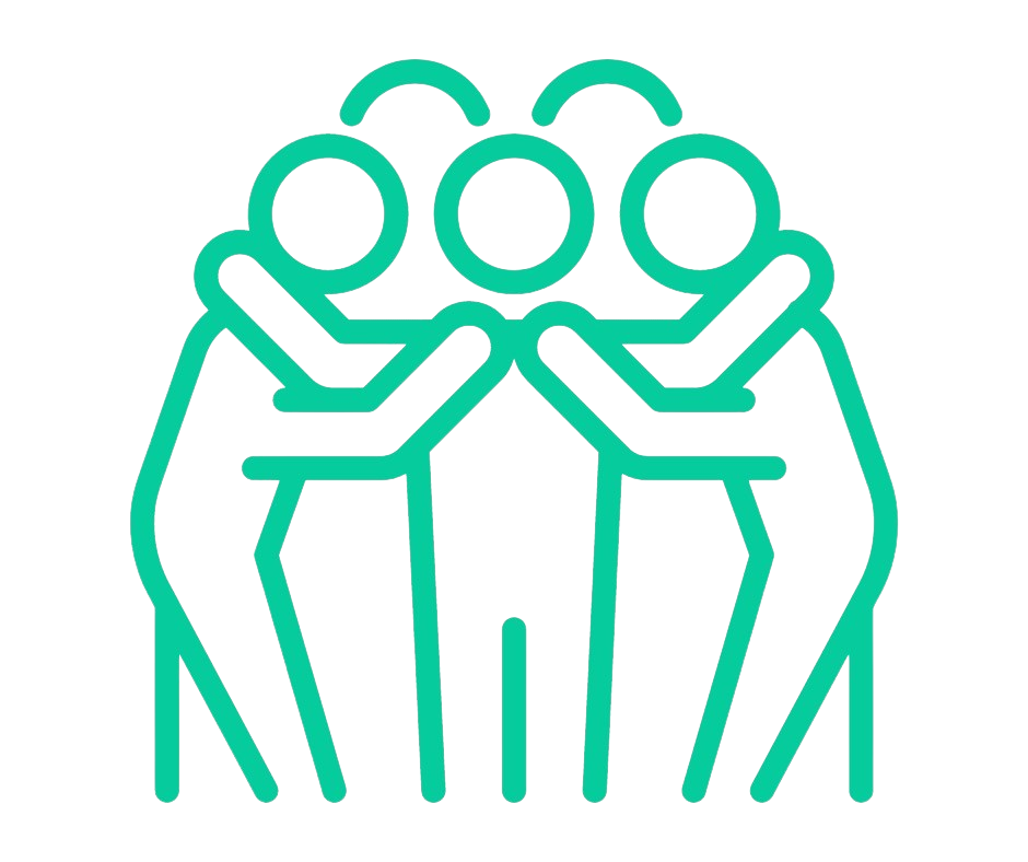 Line drawing of three people embracing each other, symbolizing friendship or teamwork.