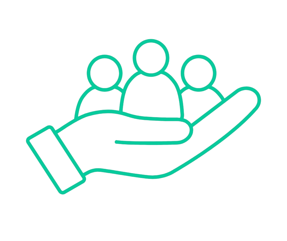 Outline of a hand holding three human figures.