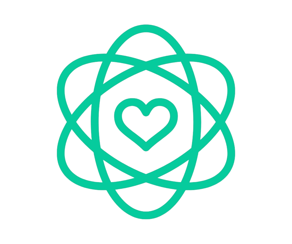 A teal line drawing of an atom with a heart at its center on a black background.