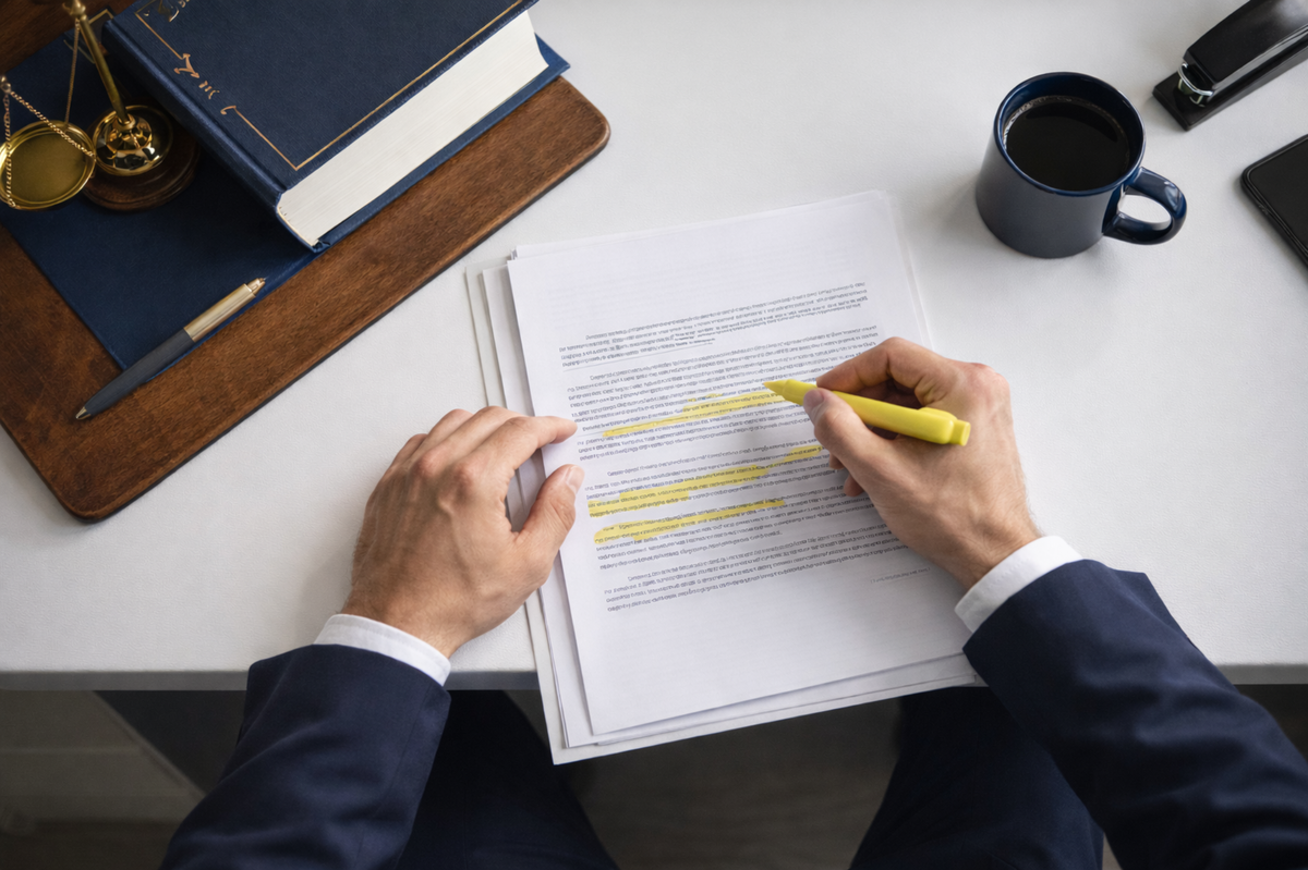 defense attorney reviewing and highlighting investigative report at desk representing preparation of a drug distribution defense case in Utah criminal court