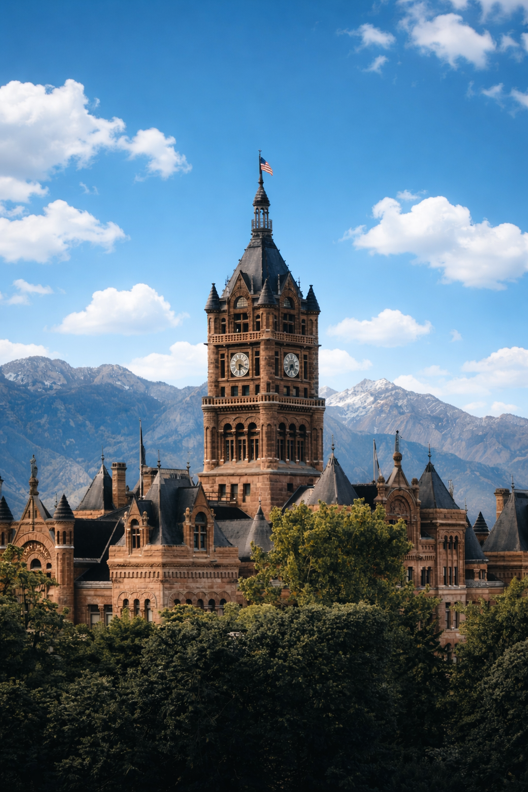 Salt Lake City Utah courthouse with Wasatch Mountains and blue sky representing criminal felony and misdemeanor court proceedings in Salt Lake County