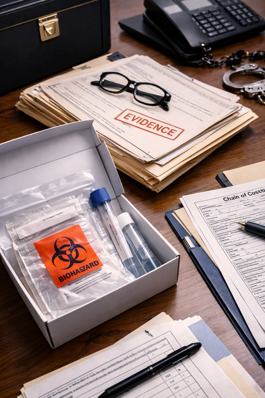 Utah criminal defense attorney reviewing forensic evidence files and DNA collection materials during preparation for a sexual assault defense case in Davis County Utah
