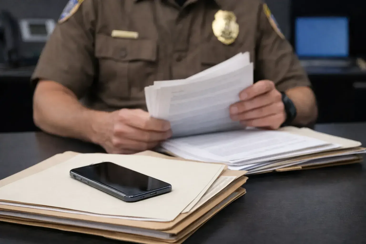 Police investigator reviewing case files and a mobile phone as part of a digital communication investigation in a Utah criminal case.