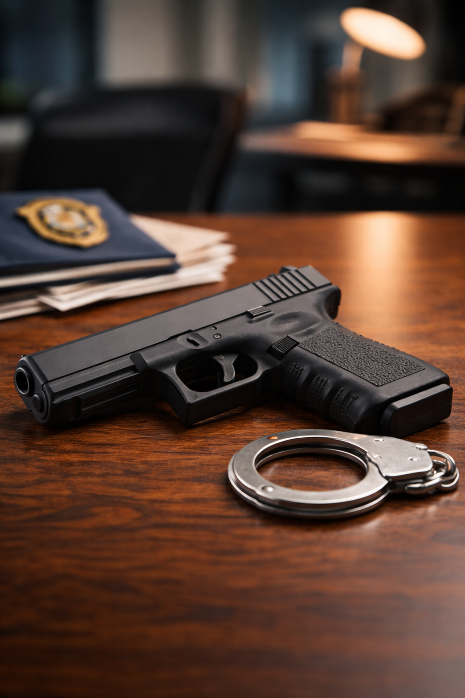 handgun evidence with law enforcement badge and handcuffs related to Utah firearms charges and criminal defense investigations